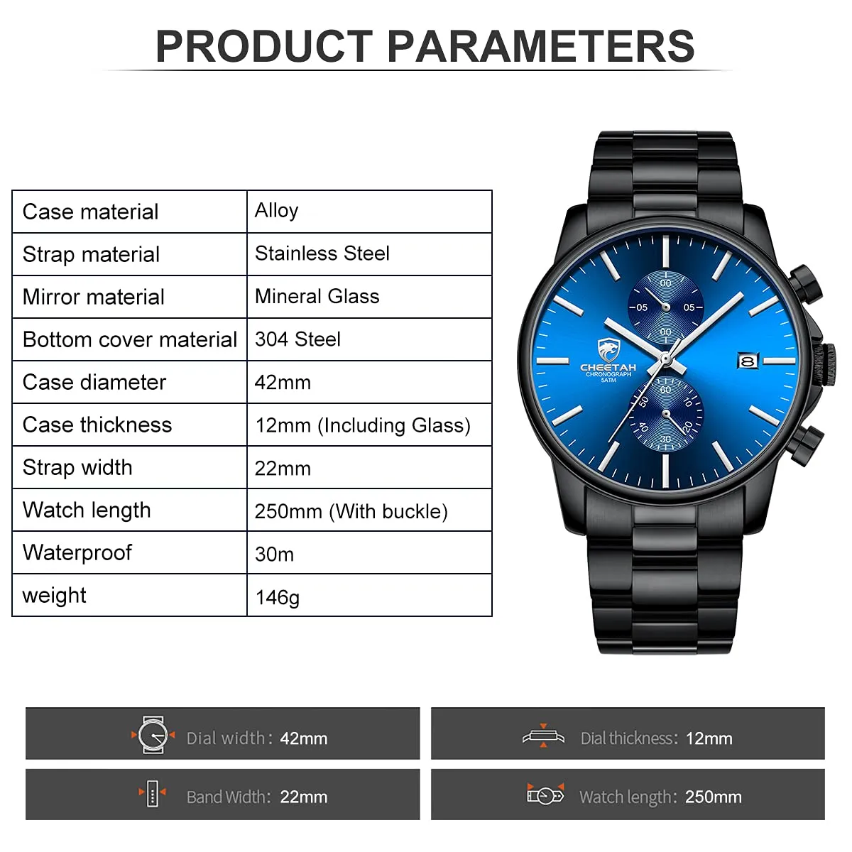 Affute Orologio da uomo con cronografo casual impermeabile orologio al quarzo in acciaio inox e metallo, auto date in lancette colorate, nero blu - immagine 4
