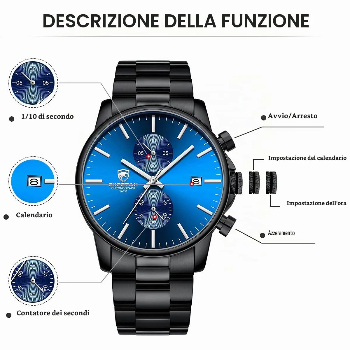 Affute Orologio da uomo con cronografo casual impermeabile orologio al quarzo in acciaio inox e metallo, auto date in lancette colorate, nero blu - immagine 5