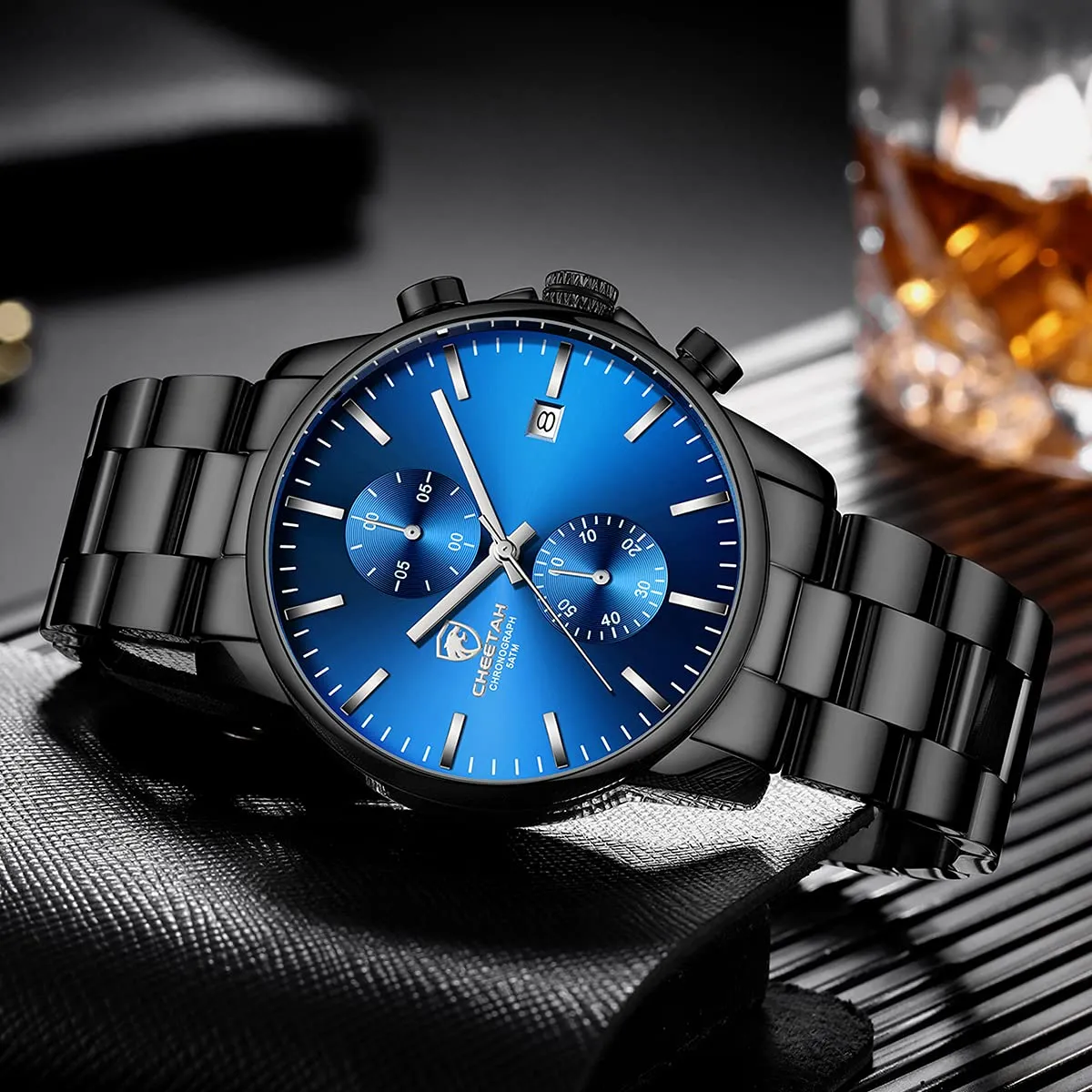 Affute Orologio da uomo con cronografo casual impermeabile orologio al quarzo in acciaio inox e metallo, auto date in lancette colorate, nero blu - immagine 6
