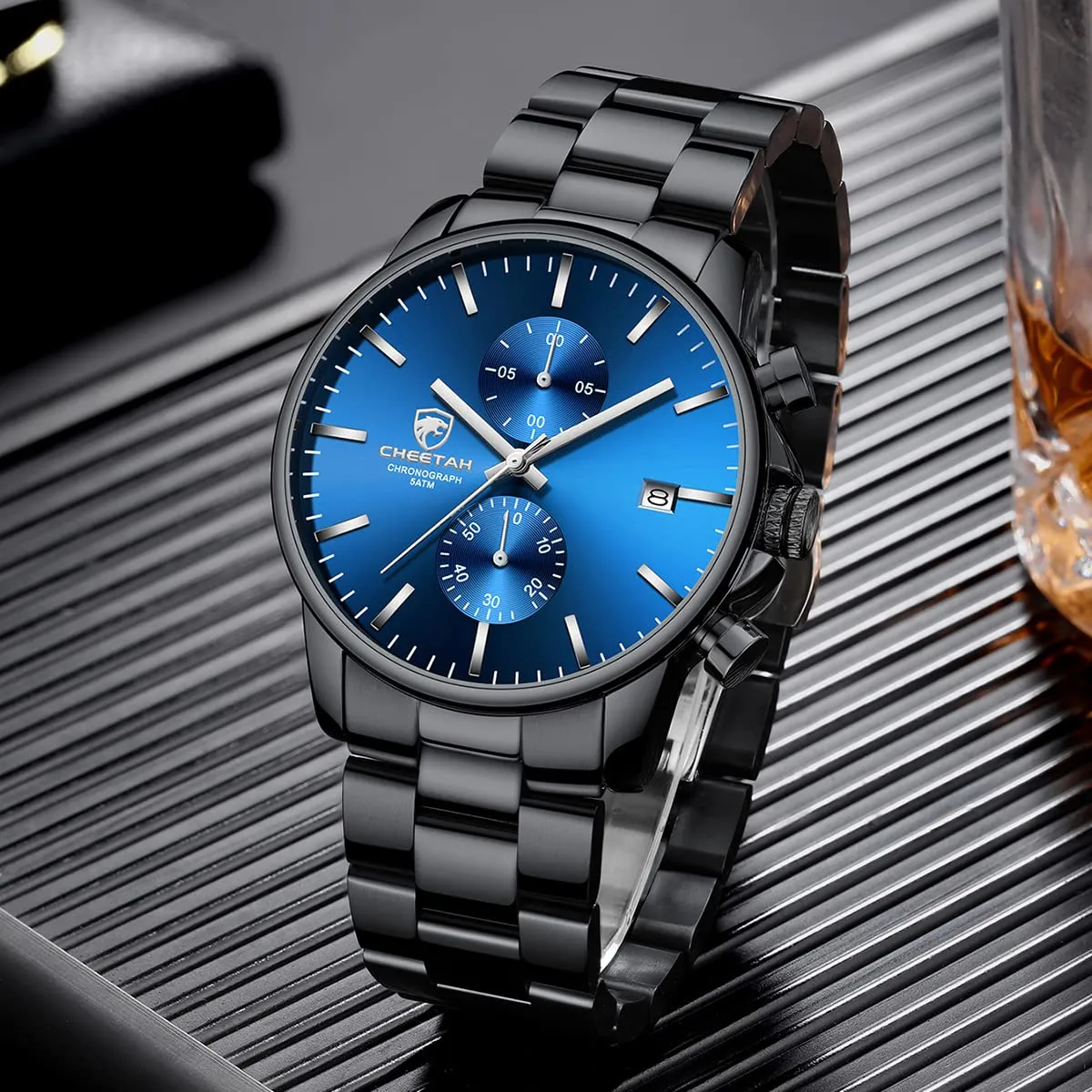Affute Orologio da uomo con cronografo casual impermeabile orologio al quarzo in acciaio inox e metallo, auto date in lancette colorate, nero blu - immagine 7