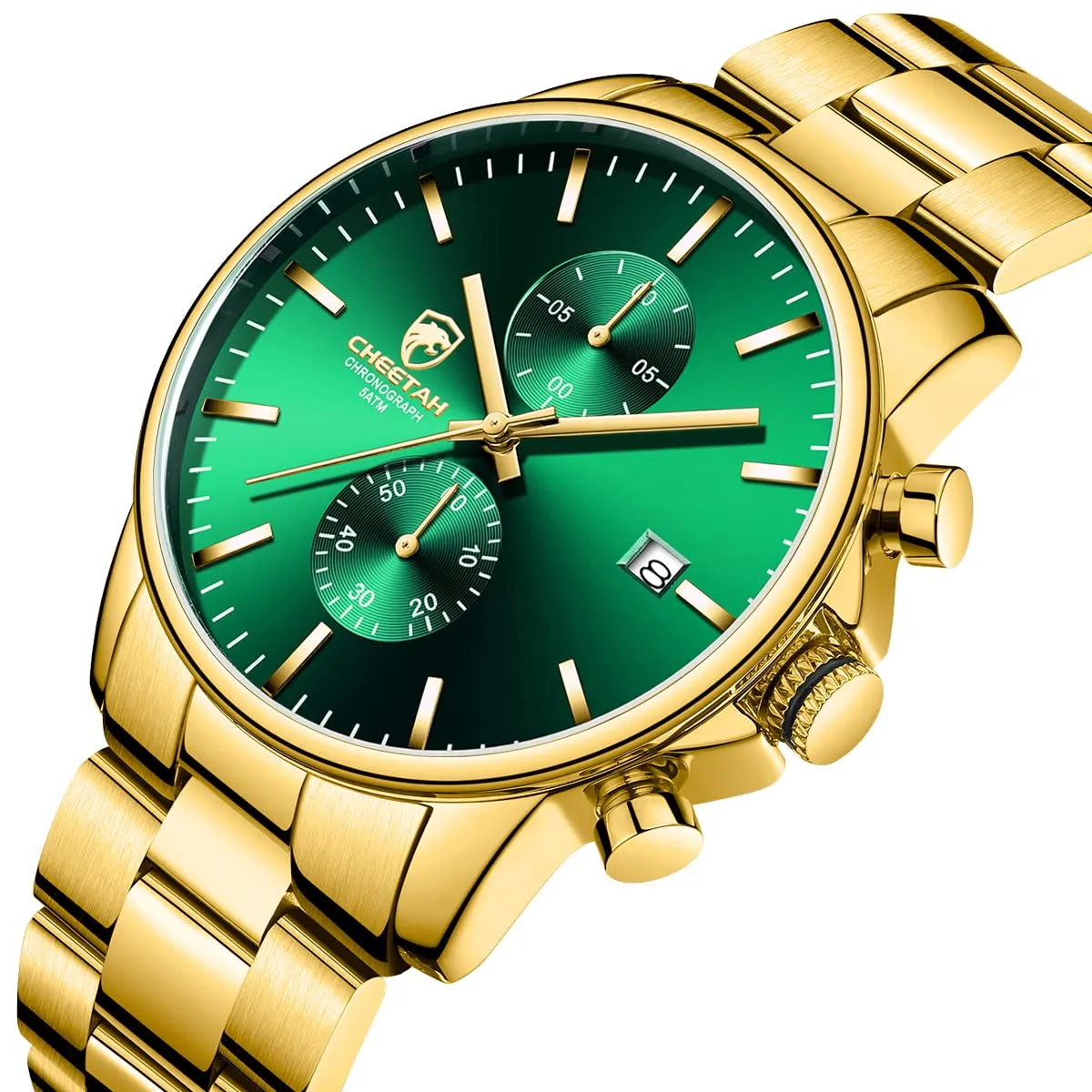 Affute Orologio da uomo con cronografo casual impermeabile orologio al quarzo in acciaio inox e metallo, auto date in lancette colorate, Oro verde - immagine 2