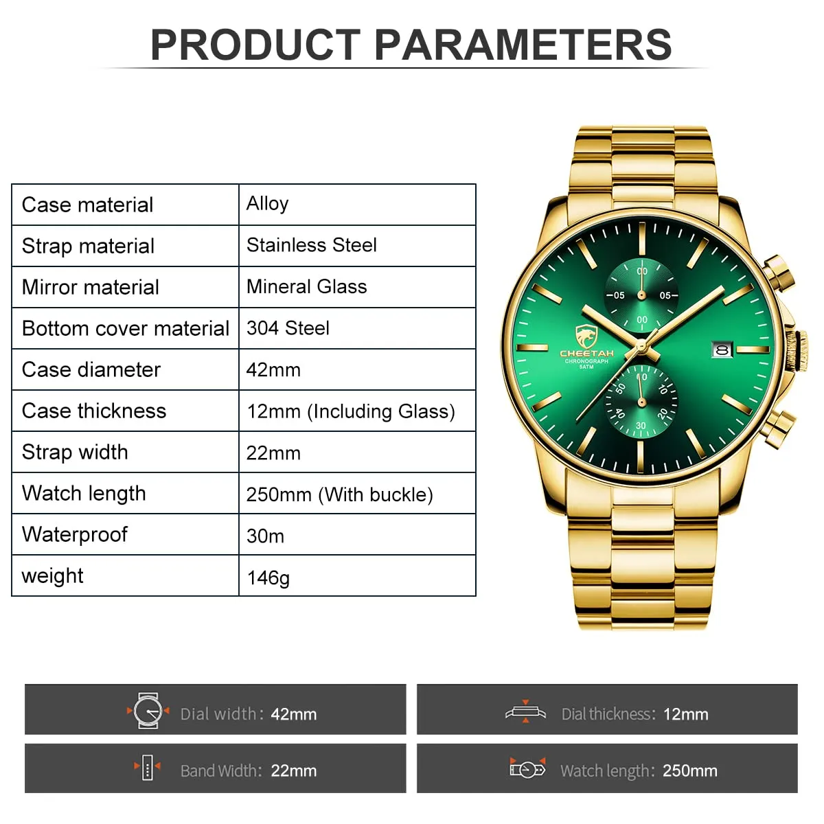 Affute Orologio da uomo con cronografo casual impermeabile orologio al quarzo in acciaio inox e metallo, auto date in lancette colorate, Oro verde - immagine 3