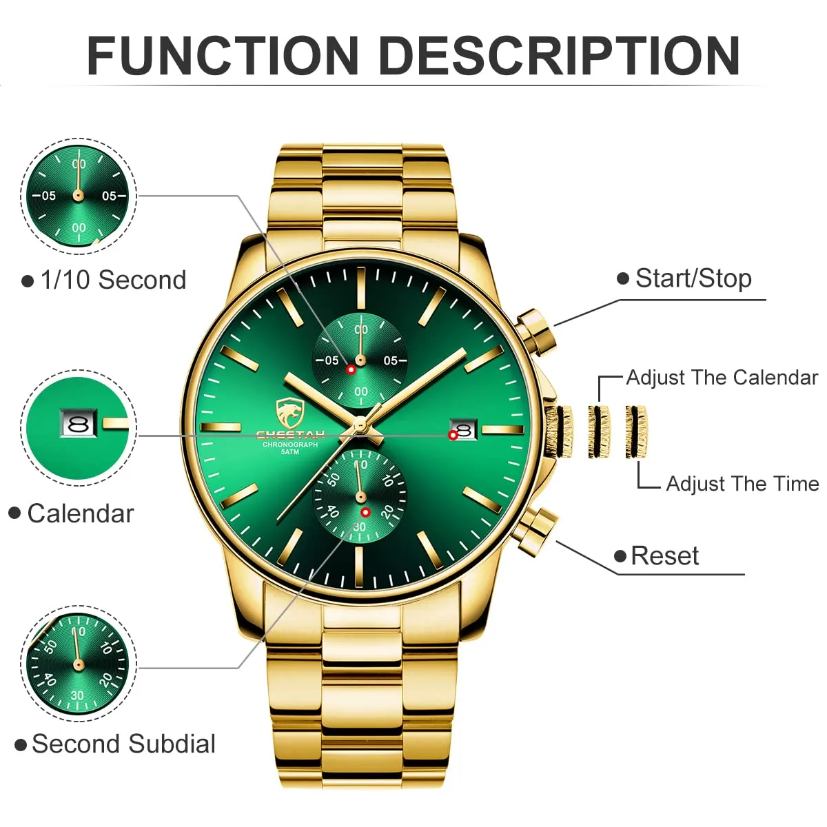 Affute Orologio da uomo con cronografo casual impermeabile orologio al quarzo in acciaio inox e metallo, auto date in lancette colorate, Oro verde - immagine 4