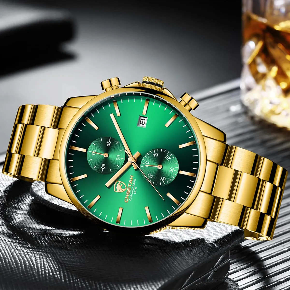 Affute Orologio da uomo con cronografo casual impermeabile orologio al quarzo in acciaio inox e metallo, auto date in lancette colorate, Oro verde - immagine 6