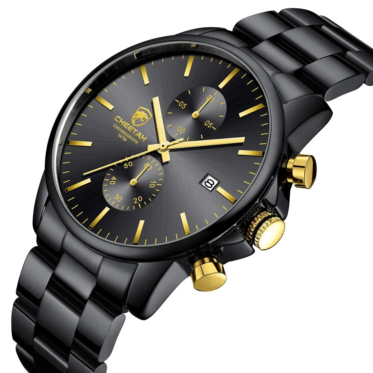 Affute Orologio da uomo con cronografo casual impermeabile orologio al quarzo in acciaio inox e metallo, auto date in lancette colorate, oro nero - immagine 2