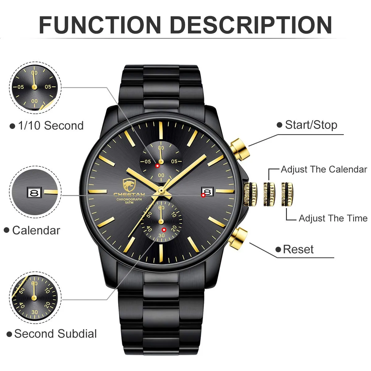 Affute Orologio da uomo con cronografo casual impermeabile orologio al quarzo in acciaio inox e metallo, auto date in lancette colorate, oro nero - immagine 3