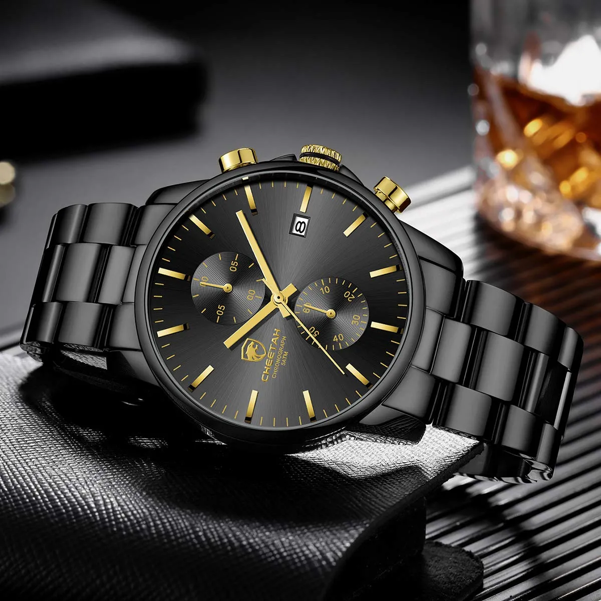 Affute Orologio da uomo con cronografo casual impermeabile orologio al quarzo in acciaio inox e metallo, auto date in lancette colorate, oro nero - immagine 4