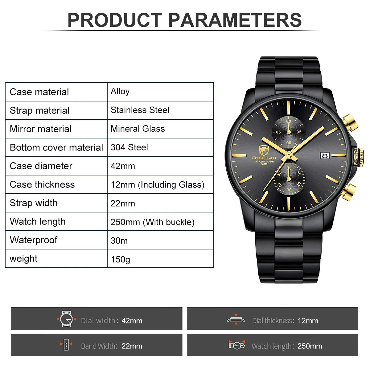 Affute Orologio da uomo con cronografo casual impermeabile orologio al quarzo in acciaio inox e metallo, auto date in lancette colorate, oro nero - immagine 5
