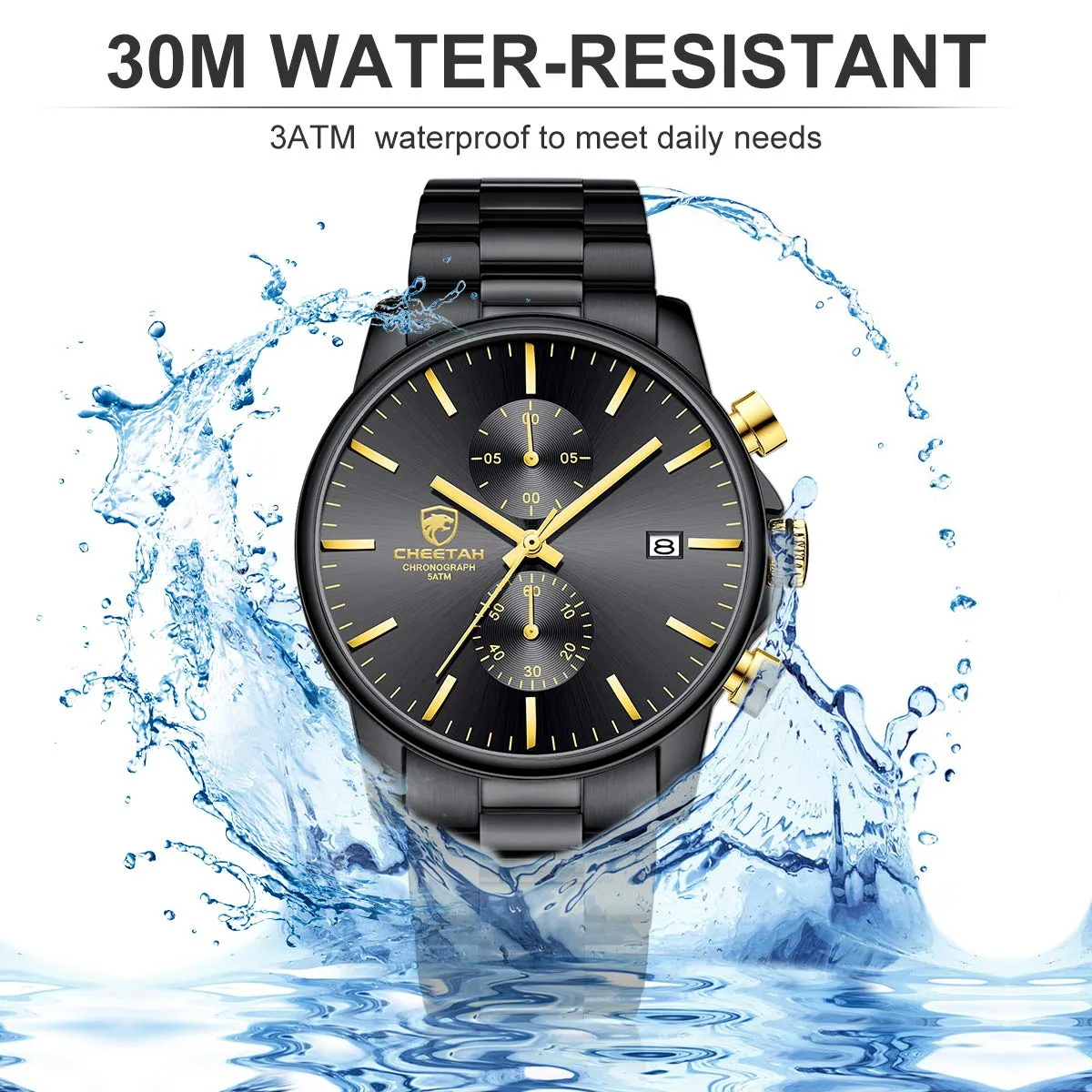 Affute Orologio da uomo con cronografo casual impermeabile orologio al quarzo in acciaio inox e metallo, auto date in lancette colorate, oro nero - immagine 6