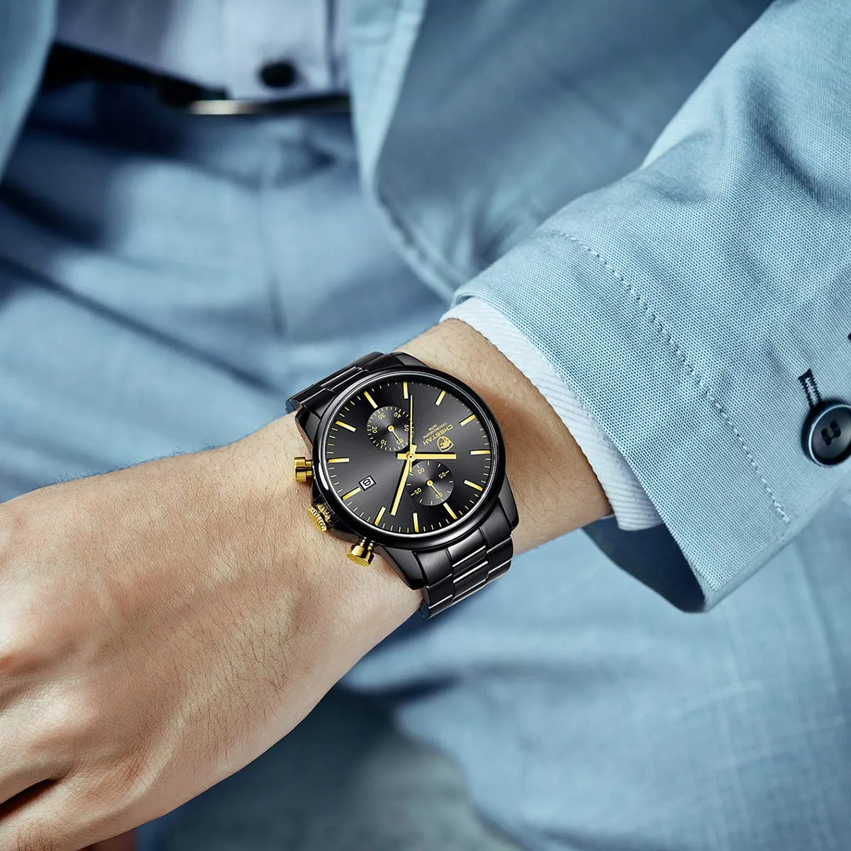 Affute Orologio da uomo con cronografo casual impermeabile orologio al quarzo in acciaio inox e metallo, auto date in lancette colorate, oro nero - immagine 7