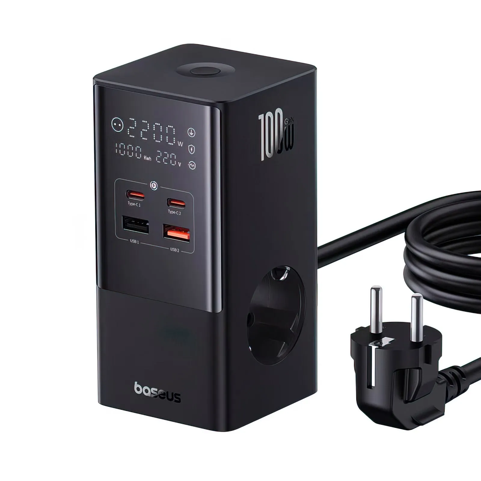 Caricabatterie Stazione Baseus PowerCombo Tower, 100W, 5A, 2 x Schuko - 2 x USB-A - 2 x USB-C, Nero E00023609113-00 - immagine 1