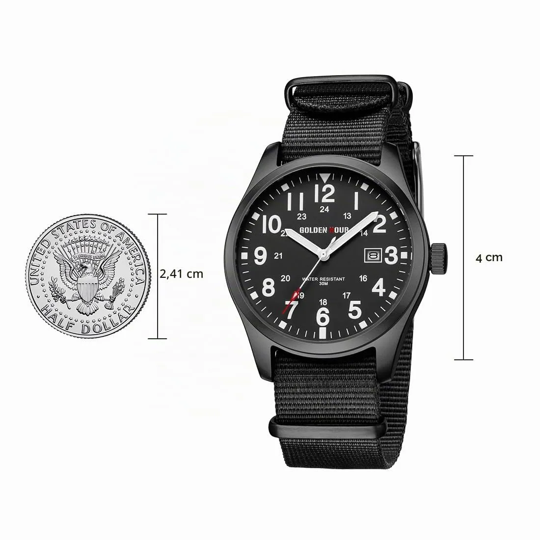 GOLDEN HOUR Orologio da Uomo Militare Analogico con Cinturino in Nylon, Orologio Sportivo Casual con Quadrante Facile Lettura 12/24H, Lancette Luminose, Impermeabile 3ATM - immagine 3