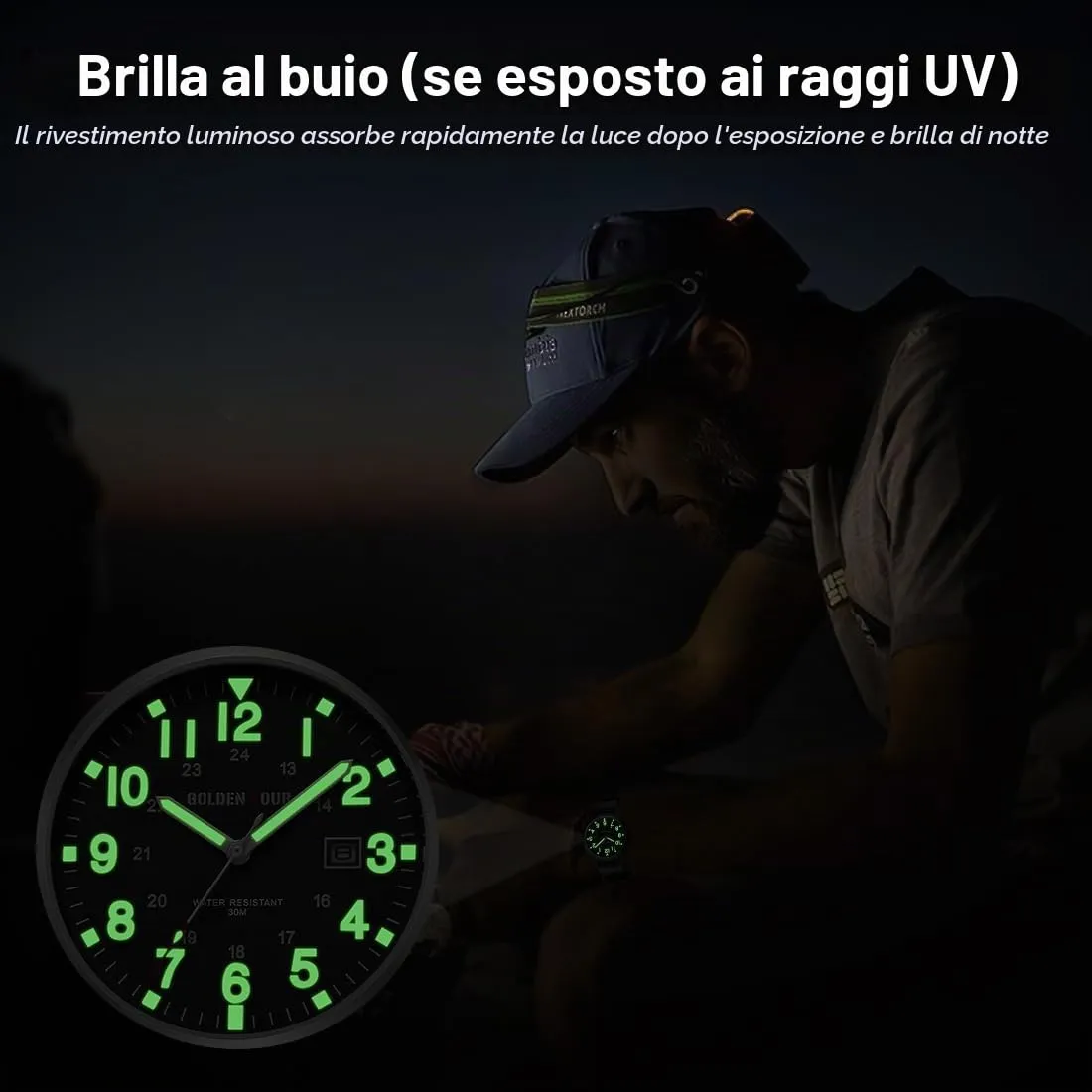 GOLDEN HOUR Orologio da Uomo Militare Analogico con Cinturino in Nylon, Orologio Sportivo Casual con Quadrante Facile Lettura 12/24H, Lancette Luminose, Impermeabile 3ATM - immagine 5
