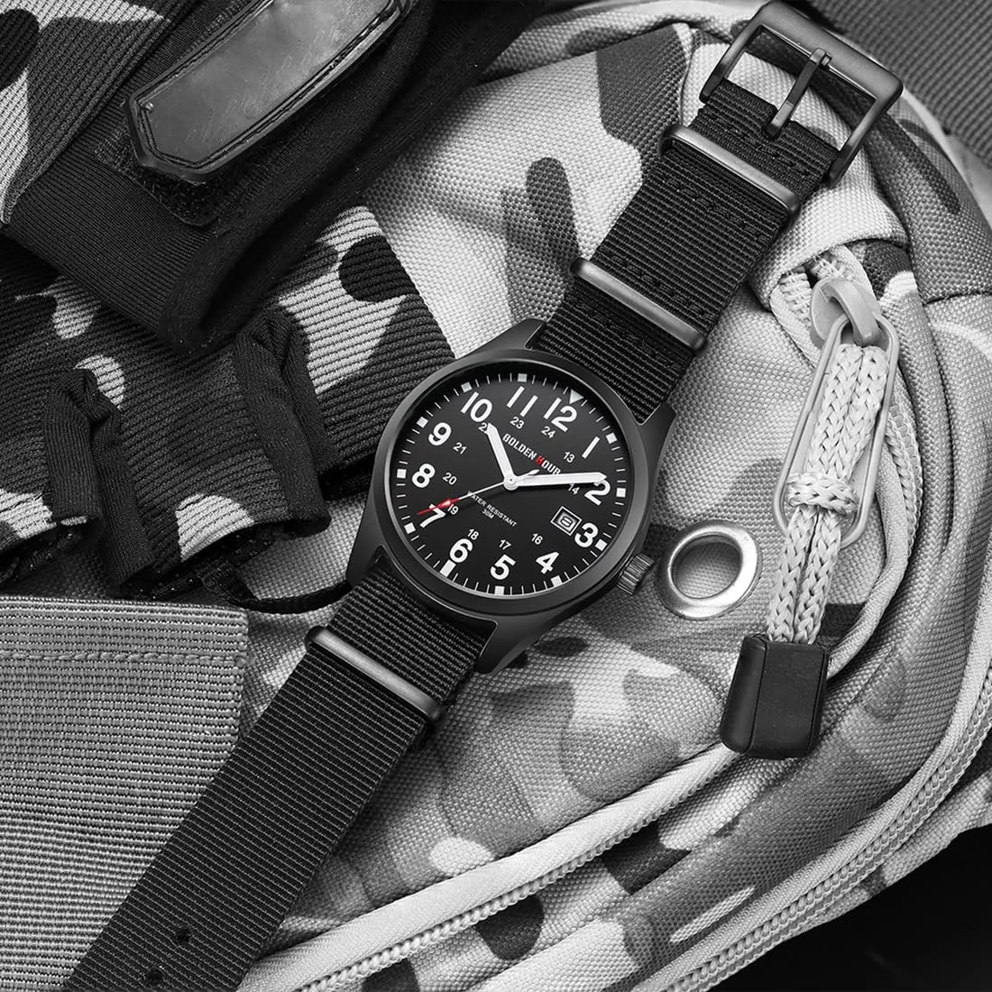 GOLDEN HOUR Orologio da Uomo Militare Analogico con Cinturino in Nylon, Orologio Sportivo Casual con Quadrante Facile Lettura 12/24H, Lancette Luminose, Impermeabile 3ATM - immagine 6