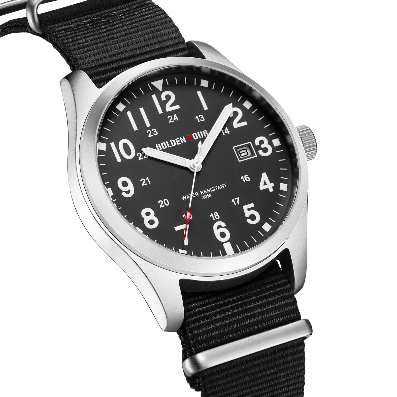GOLDEN HOUR Orologio da Uomo Militare Analogico con Cinturino in Nylon, Orologio Sportivo Casual con Quadrante Facile Lettura 12/24H, Lancette Luminose, Impermeabile 3ATM - immagine 2