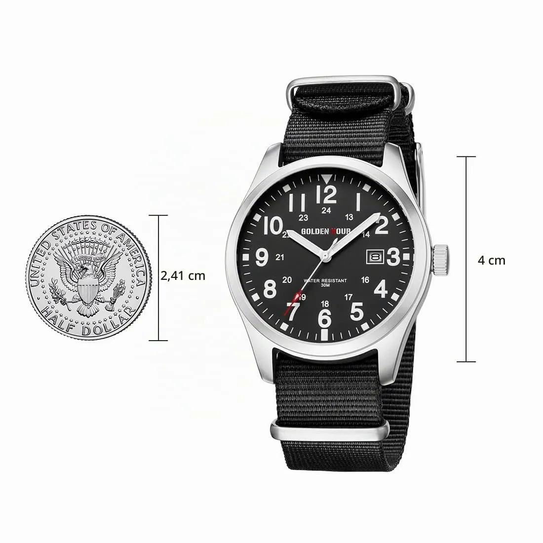GOLDEN HOUR Orologio da Uomo Militare Analogico con Cinturino in Nylon, Orologio Sportivo Casual con Quadrante Facile Lettura 12/24H, Lancette Luminose, Impermeabile 3ATM - immagine 3