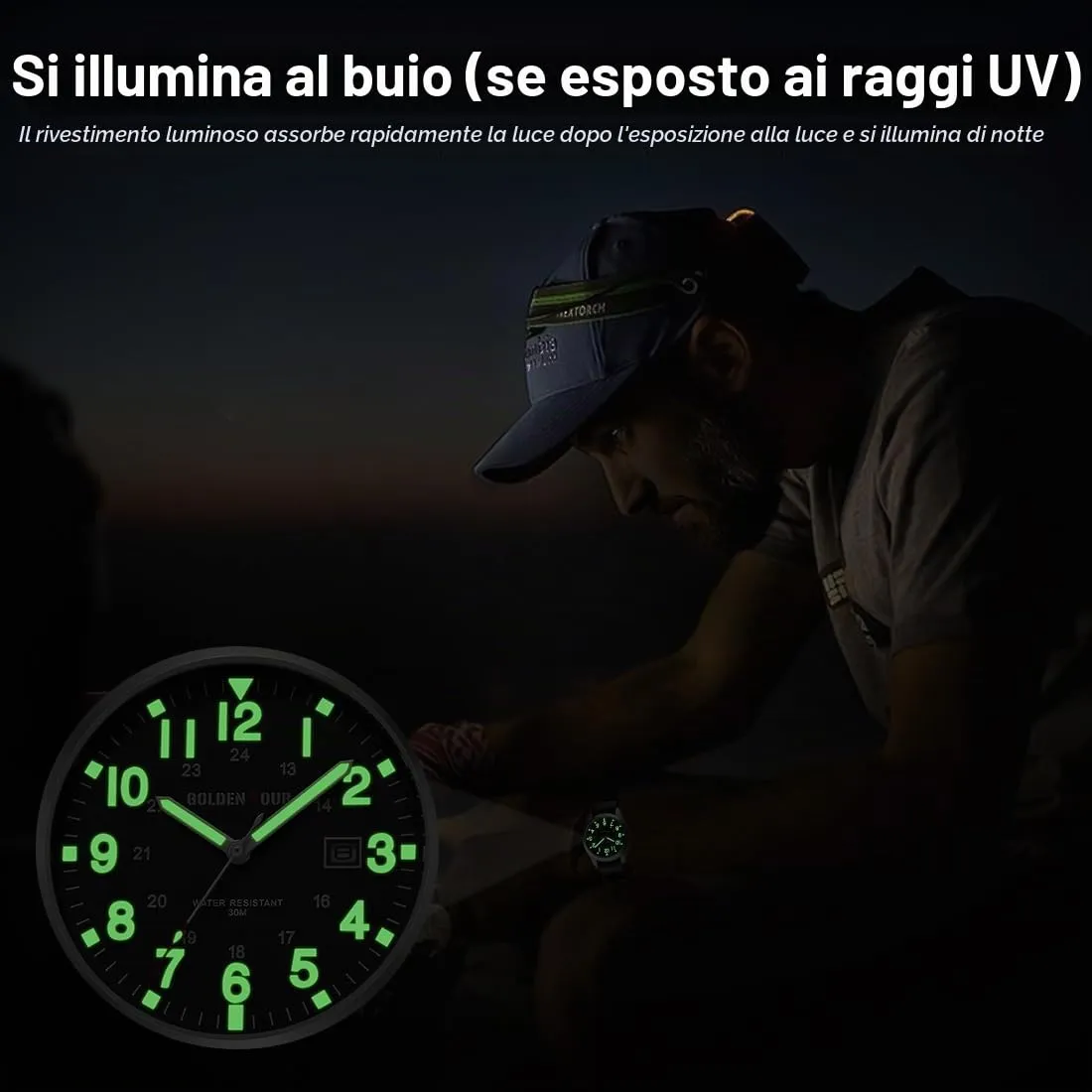 GOLDEN HOUR Orologio da Uomo Militare Analogico con Cinturino in Nylon, Orologio Sportivo Casual con Quadrante Facile Lettura 12/24H, Lancette Luminose, Impermeabile 3ATM - immagine 5