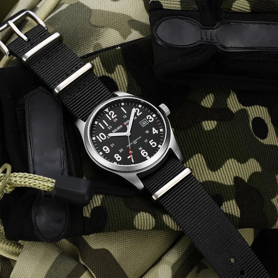 GOLDEN HOUR Orologio da Uomo Militare Analogico con Cinturino in Nylon, Orologio Sportivo Casual con Quadrante Facile Lettura 12/24H, Lancette Luminose, Impermeabile 3ATM - immagine 6