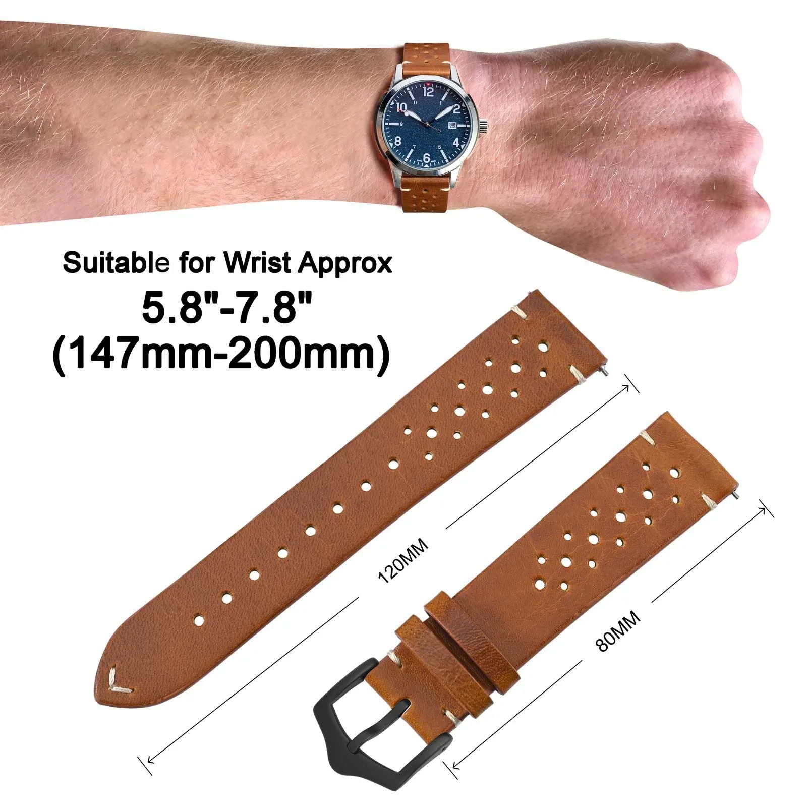 ANNEFIT Cinturini per Orologi in pelle Vintage con Fibbia Nera, Cinturino 22mm a Sgancio Rapido per Uomo e Donna (Marrone Chiaro) - immagine 3