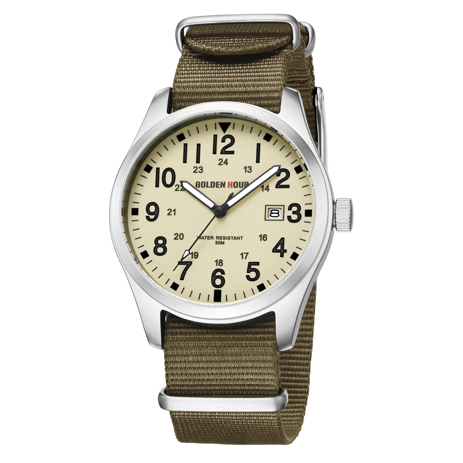 GOLDEN HOUR Orologio da Uomo Militare Analogico con Cinturino in Nylon, Orologio Sportivo Casual con Quadrante Facile Lettura 12/24H, Lancette Luminose, Impermeabile 3ATM (argento giallo marrone) - immagine 1