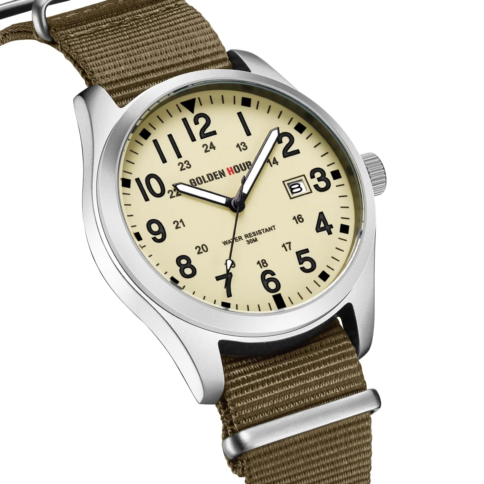 GOLDEN HOUR Orologio da Uomo Militare Analogico con Cinturino in Nylon, Orologio Sportivo Casual con Quadrante Facile Lettura 12/24H, Lancette Luminose, Impermeabile 3ATM (argento giallo marrone) - immagine 2