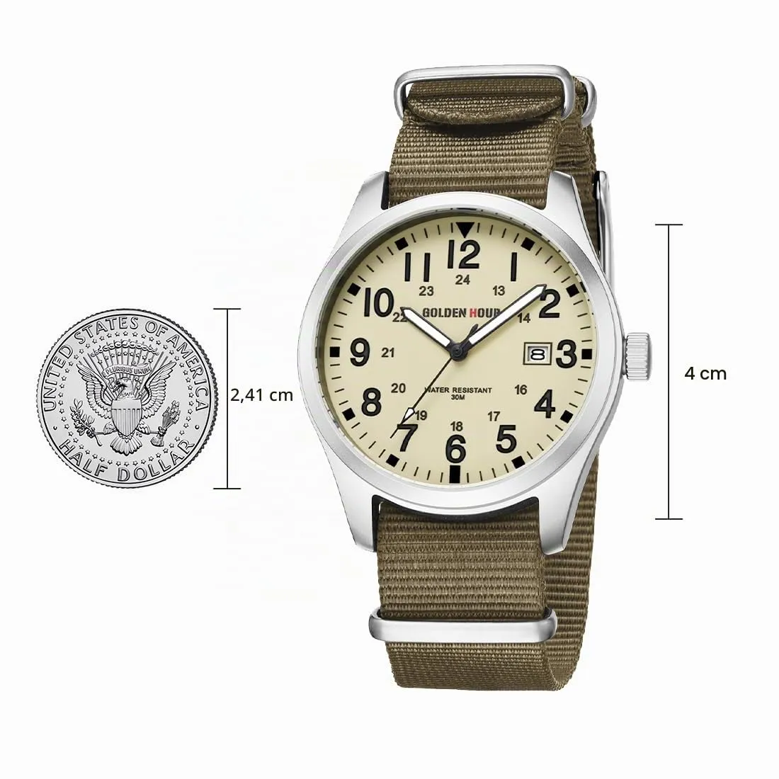 GOLDEN HOUR Orologio da Uomo Militare Analogico con Cinturino in Nylon, Orologio Sportivo Casual con Quadrante Facile Lettura 12/24H, Lancette Luminose, Impermeabile 3ATM (argento giallo marrone) - immagine 3