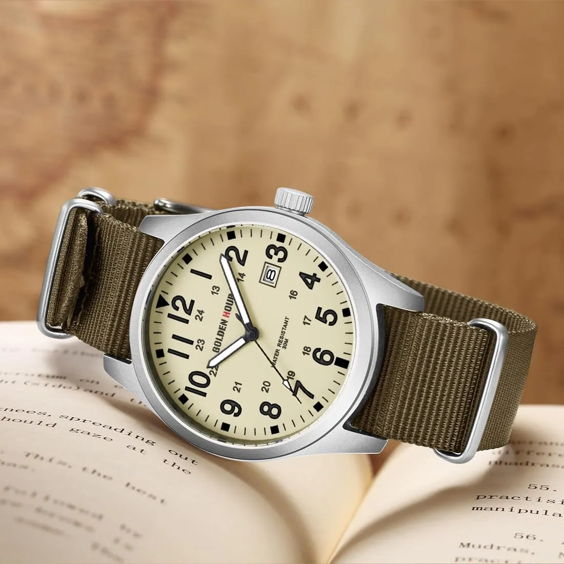 GOLDEN HOUR Orologio da Uomo Militare Analogico con Cinturino in Nylon, Orologio Sportivo Casual con Quadrante Facile Lettura 12/24H, Lancette Luminose, Impermeabile 3ATM (argento giallo marrone) - immagine 5
