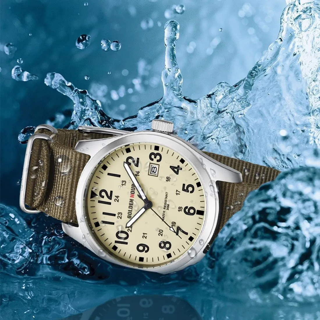 GOLDEN HOUR Orologio da Uomo Militare Analogico con Cinturino in Nylon, Orologio Sportivo Casual con Quadrante Facile Lettura 12/24H, Lancette Luminose, Impermeabile 3ATM (argento giallo marrone) - immagine 6