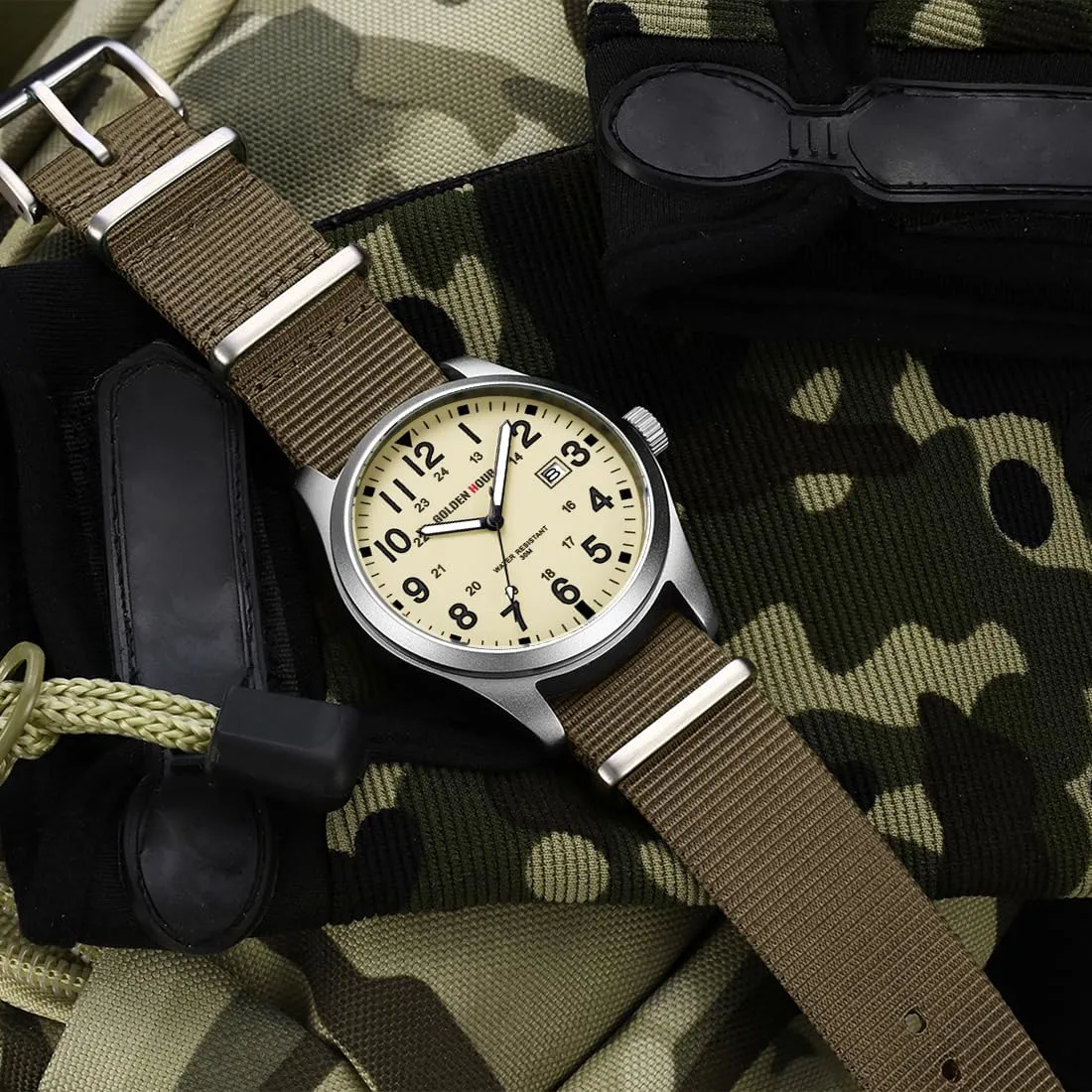 GOLDEN HOUR Orologio da Uomo Militare Analogico con Cinturino in Nylon, Orologio Sportivo Casual con Quadrante Facile Lettura 12/24H, Lancette Luminose, Impermeabile 3ATM (argento giallo marrone) - immagine 8