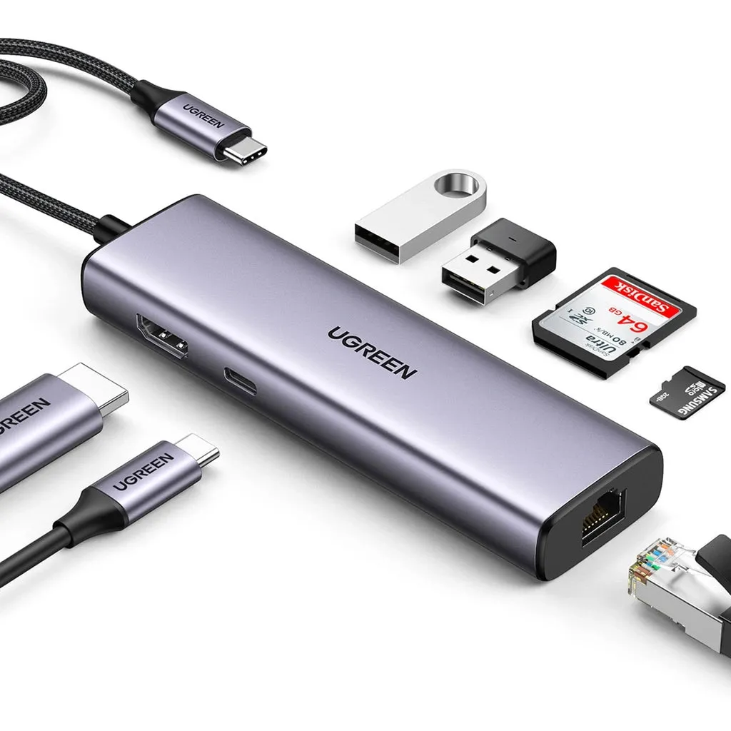 Hub USB-C UGREEN CM512 (90568), 2 x USB-A 3.0 - 1 x USB-C - 1 x HDMI - 1 x RJ45 - 1 x SD - 1 x microSD, Grigio - immagine 1