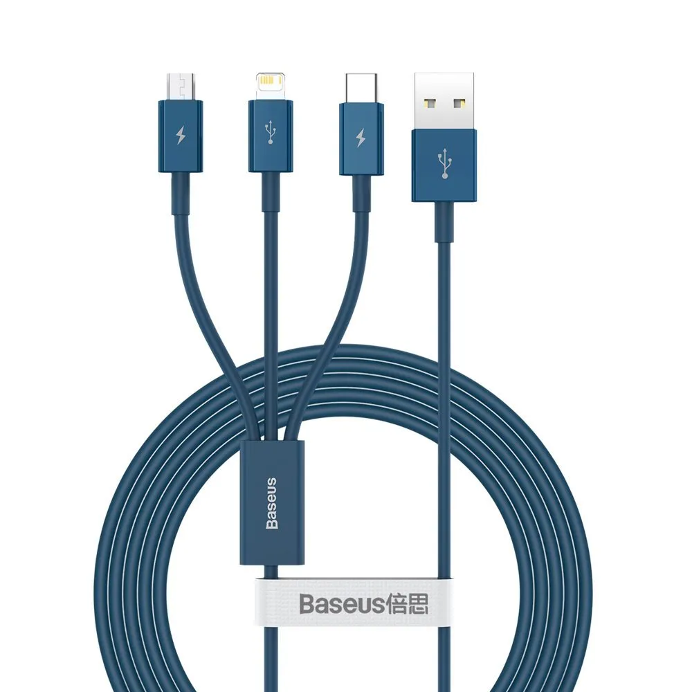 Cavo di Ricarica USB-A - Lightning / microUSB / USB-C Baseus Superior 3in1 Series, 20W, 1.5m, Blu CAMLTYS-03 - immagine 1