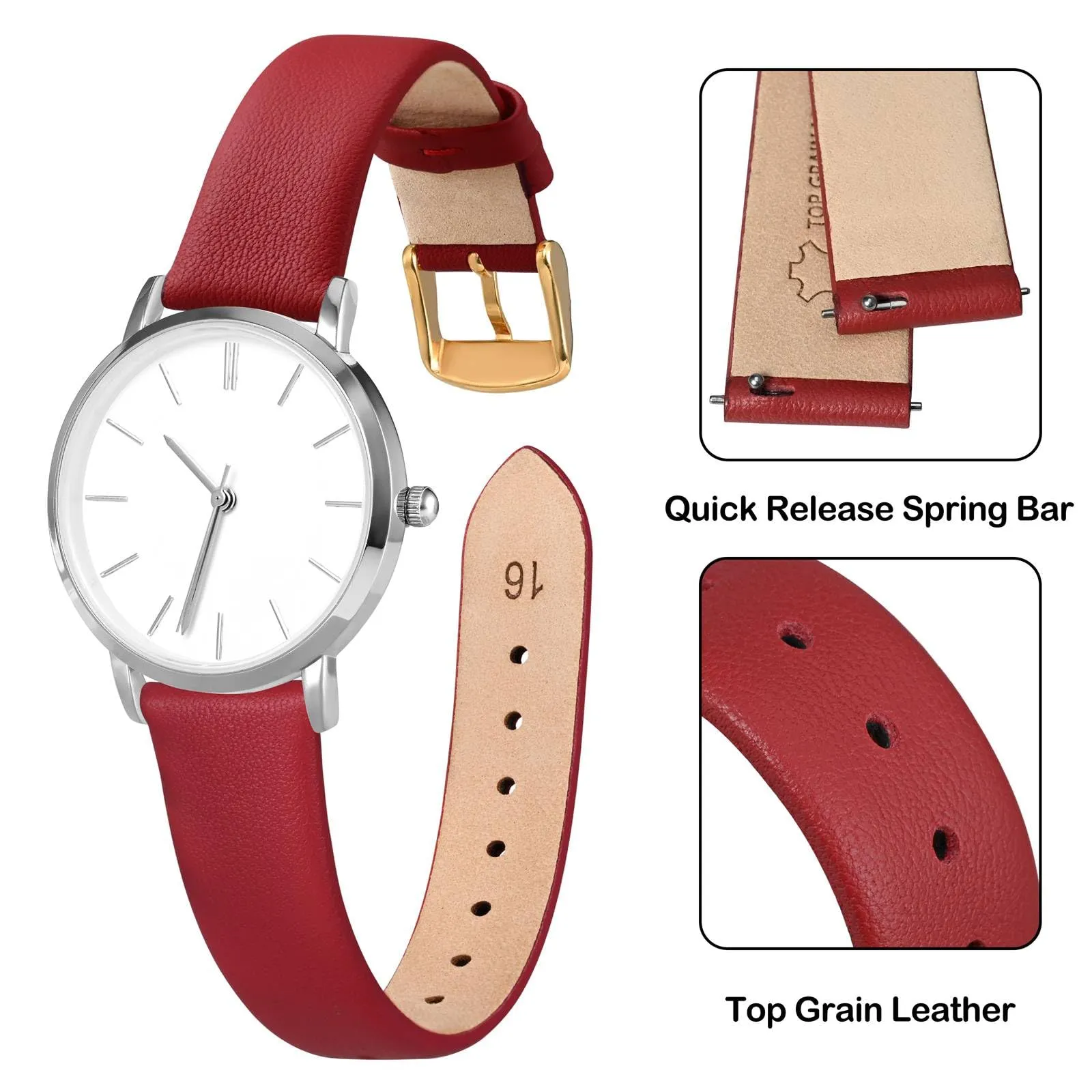 ANNEFIT Cinturini per Orologi per Uomo Donna, Cinturino in Vera Pelle con Sgancio Rapido, Larghezza della Banda 12mm con Fibbia Oro (Rosso) - immagine 3