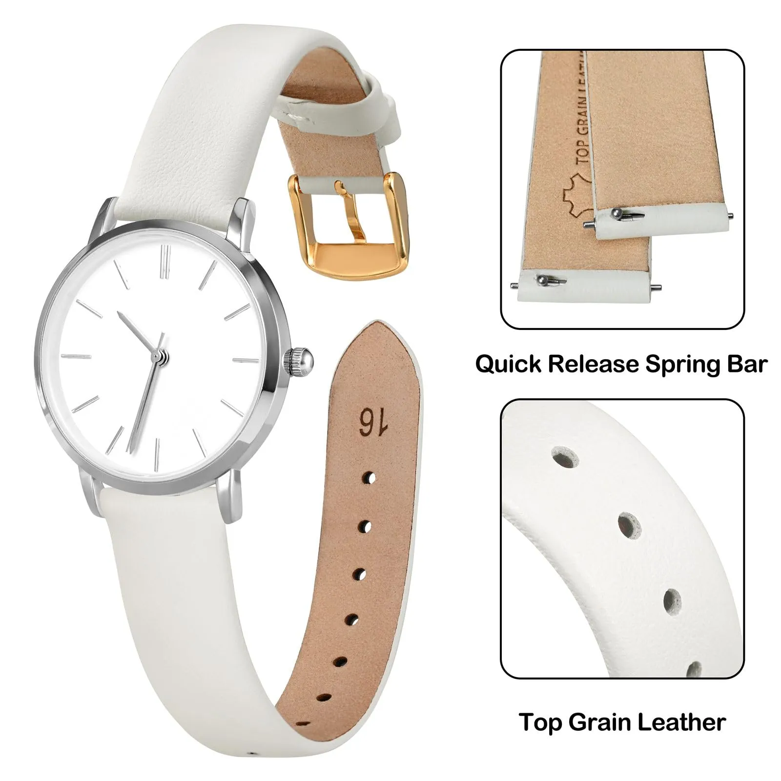 ANNEFIT Cinturini per Orologi per Uomo Donna, Cinturino in Vera Pelle con Sgancio Rapido, Larghezza della Banda 12mm con Fibbia Oro (Bianca) - immagine 3