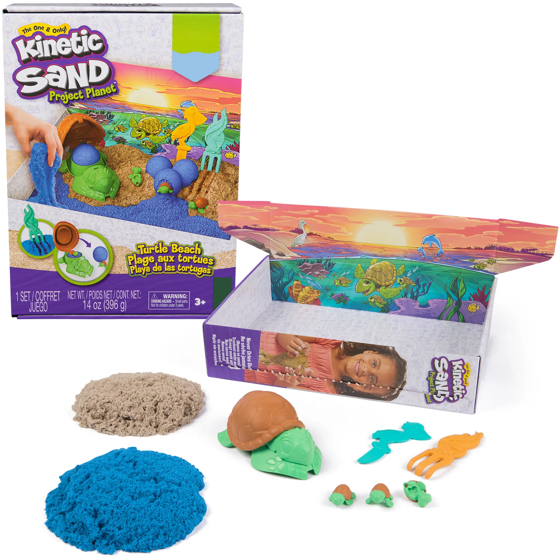 Kinetic Sand, Project Planet, Spiaggia delle tartarughe con 396 g di sabbia da gioco, attrezzi e formine, materiali sostenibili concepiti per la salvaguardia dell''ambiente, giocattoli sensoriali per bambini dai 3 anni in su, Gioco di sabbia - immagine 1