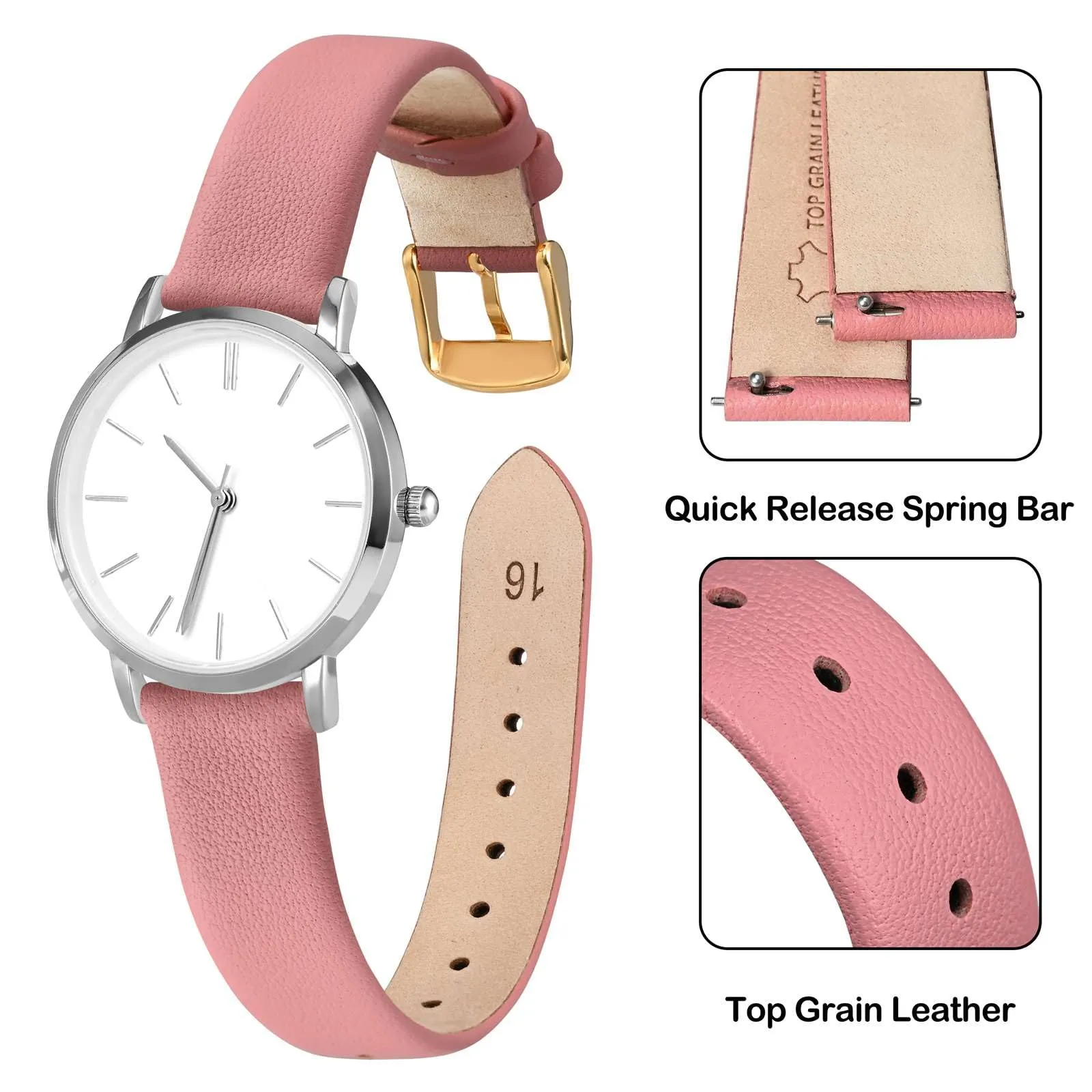 ANNEFIT Cinturini per Orologi per Uomo Donna, Cinturino in Vera Pelle con Sgancio Rapido, Larghezza della Banda 14mm con Fibbia Oro (Rosa) - immagine 3
