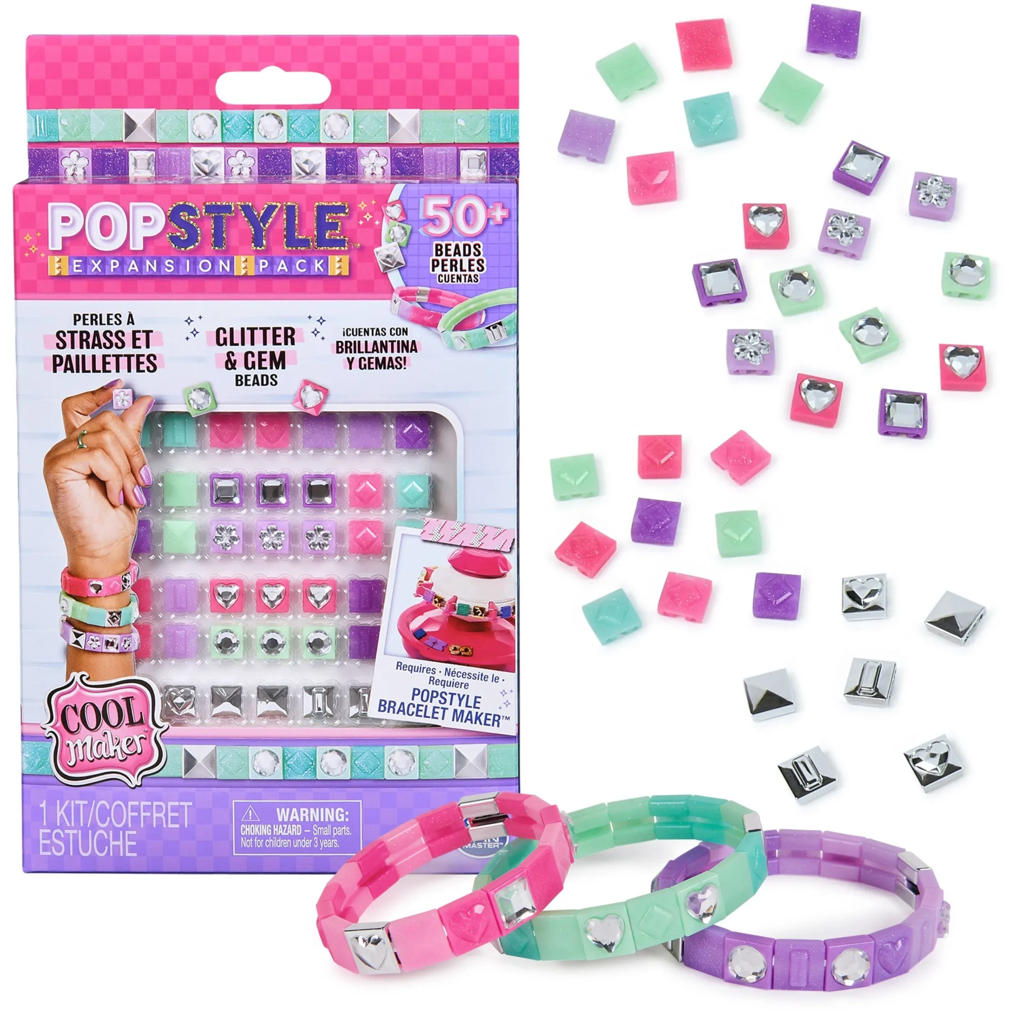 Cool Maker PopStyle Bracelet Maker Expansion Pack, 50 perline con gemme, 3 braccialetti dell''amicizia, kit per la creazione di braccialetti, giocattoli creativi fai da te per bambine, Bricolage - immagine 1