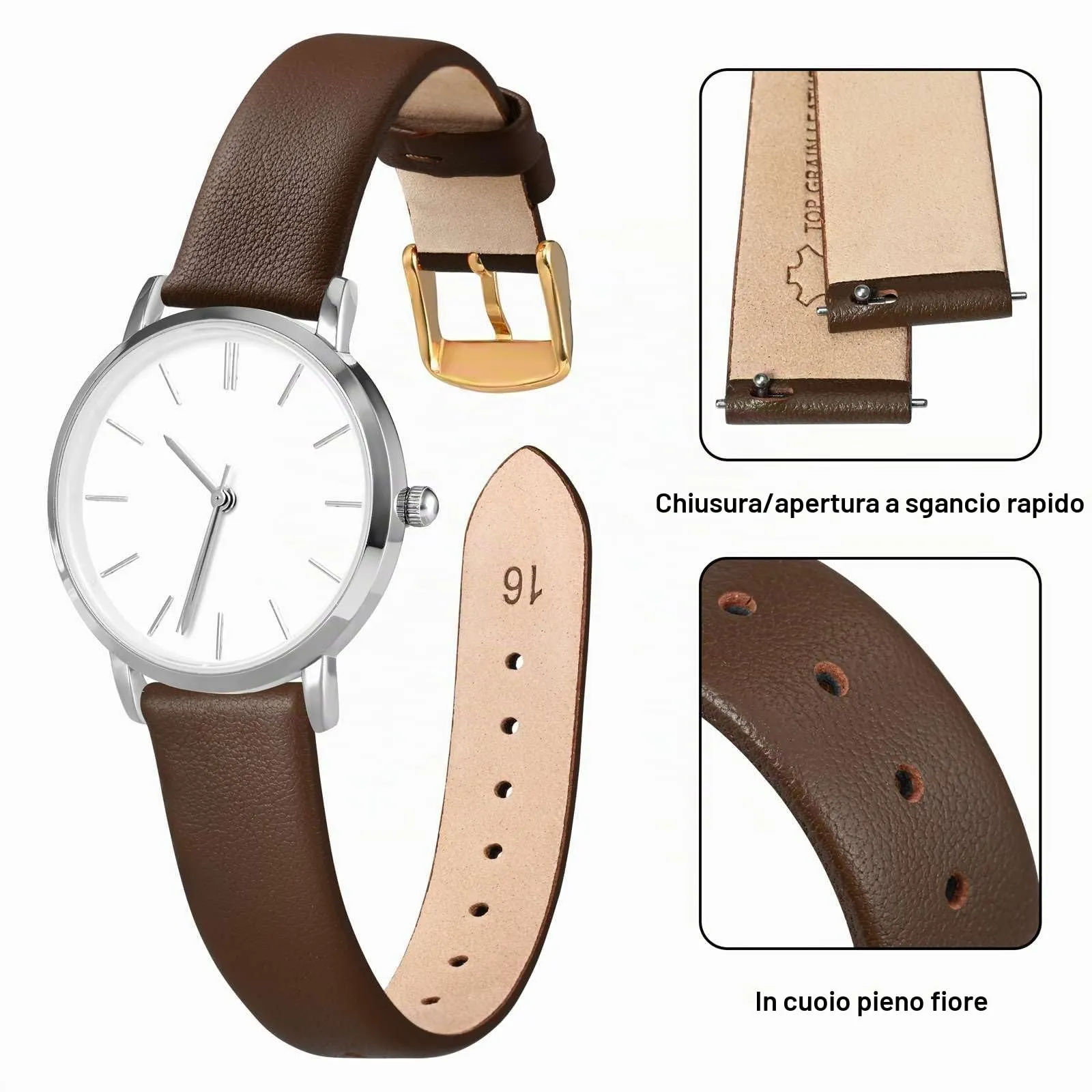 ANNEFIT Cinturini per Orologi per Uomo Donna, Cinturino in Vera Pelle con Sgancio Rapido, Larghezza della Banda 12mm con Fibbia Oro (Marrone Scuro) - immagine 3
