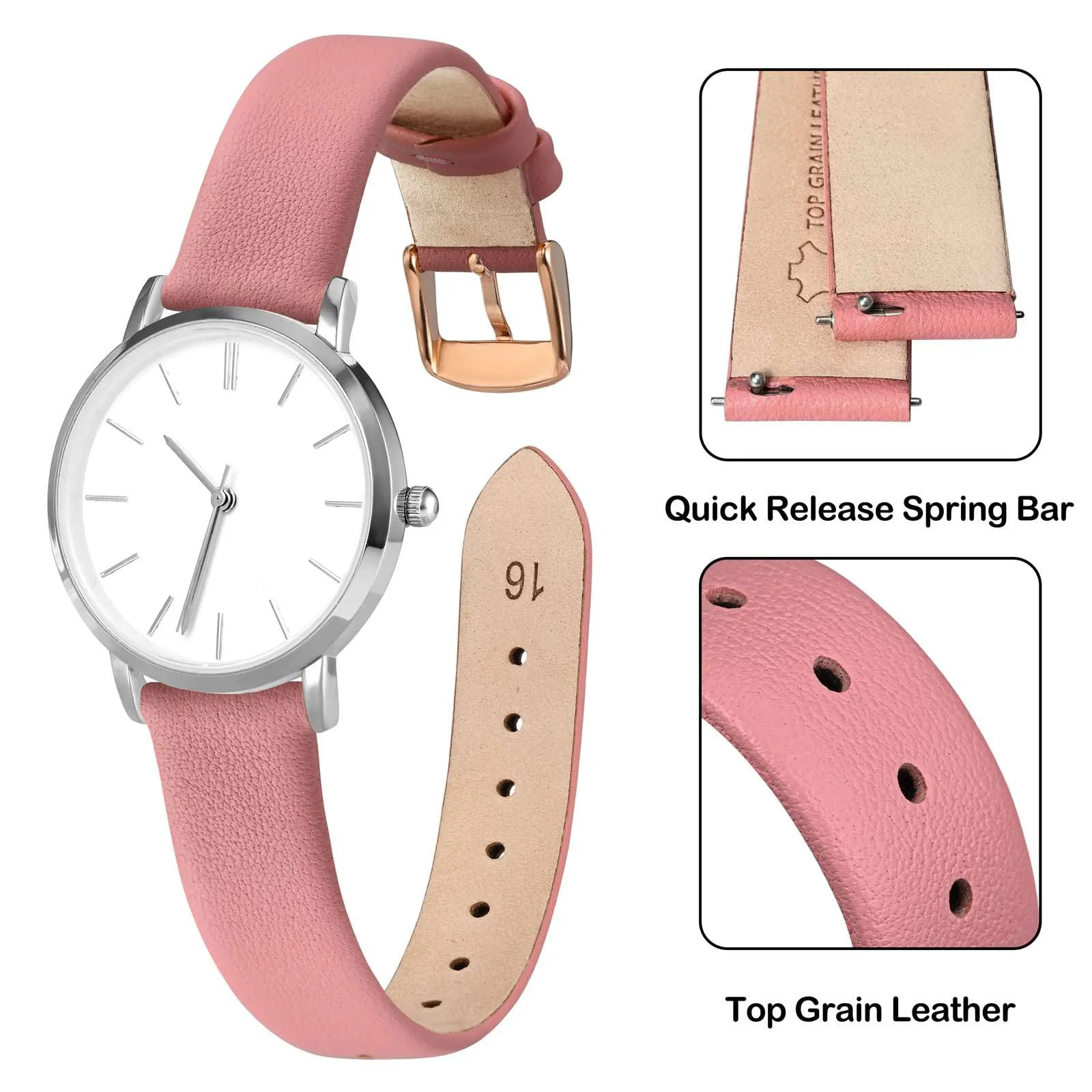 ANNEFIT Cinturini per Orologi per Uomo Donna, Cinturino in Vera Pelle con Sgancio Rapido, Larghezza della Banda 16mm con Fibbia Oro Rosa (Rosa) - immagine 3