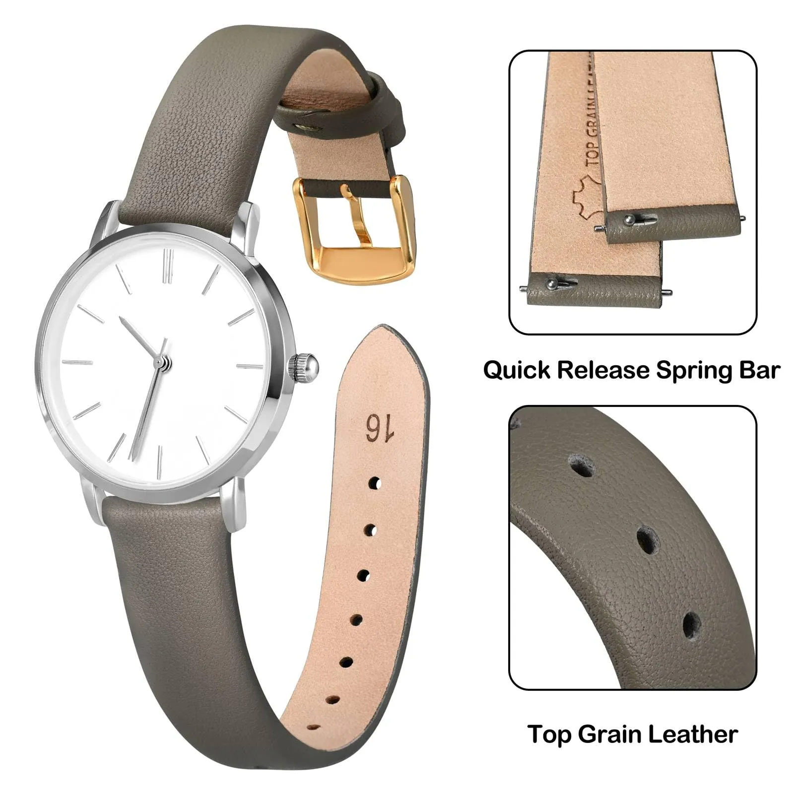 ANNEFIT Cinturini per Orologi per Uomo Donna, Cinturino in Vera Pelle con Sgancio Rapido, Larghezza della Banda 20mm con Fibbia Oro (Grigio) - immagine 3