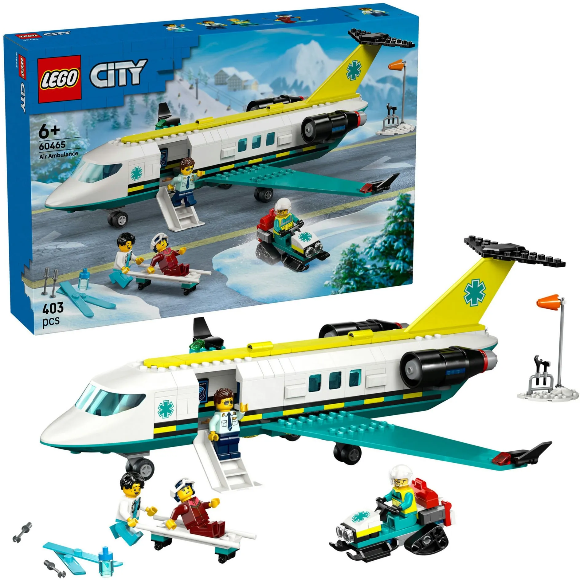 City 60465 Aereo Ambulanza di Emergenza Giocattolo con 4 Minifigure, Gatto delle Nevi e Accessori, Idea Regalo 6+ Anni, Giochi di costruzione - immagine 1