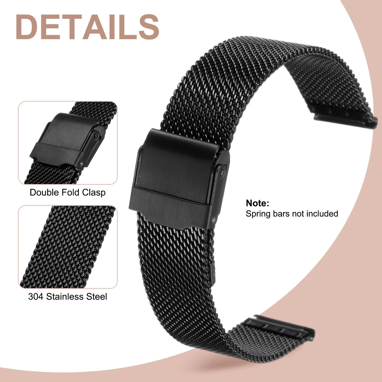 QUARKZMAN Cinturino Orologio in Maglia Acciaio Inossidabile 17mm Cinturini Orologio in Metallo Sgancio Rapido Regolabile Sostitutivo Smartwatch Uomo Donna, Nero - immagine 3