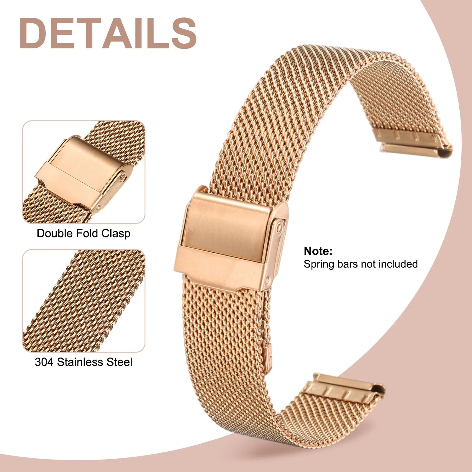 QUARKZMAN Cinturino Orologio in Maglia Acciaio Inossidabile 16mm Cinturini Orologio in Metallo Sgancio Rapido Regolabile Sostitutivo Smartwatch Per Donna, Oro Rosa - immagine 3