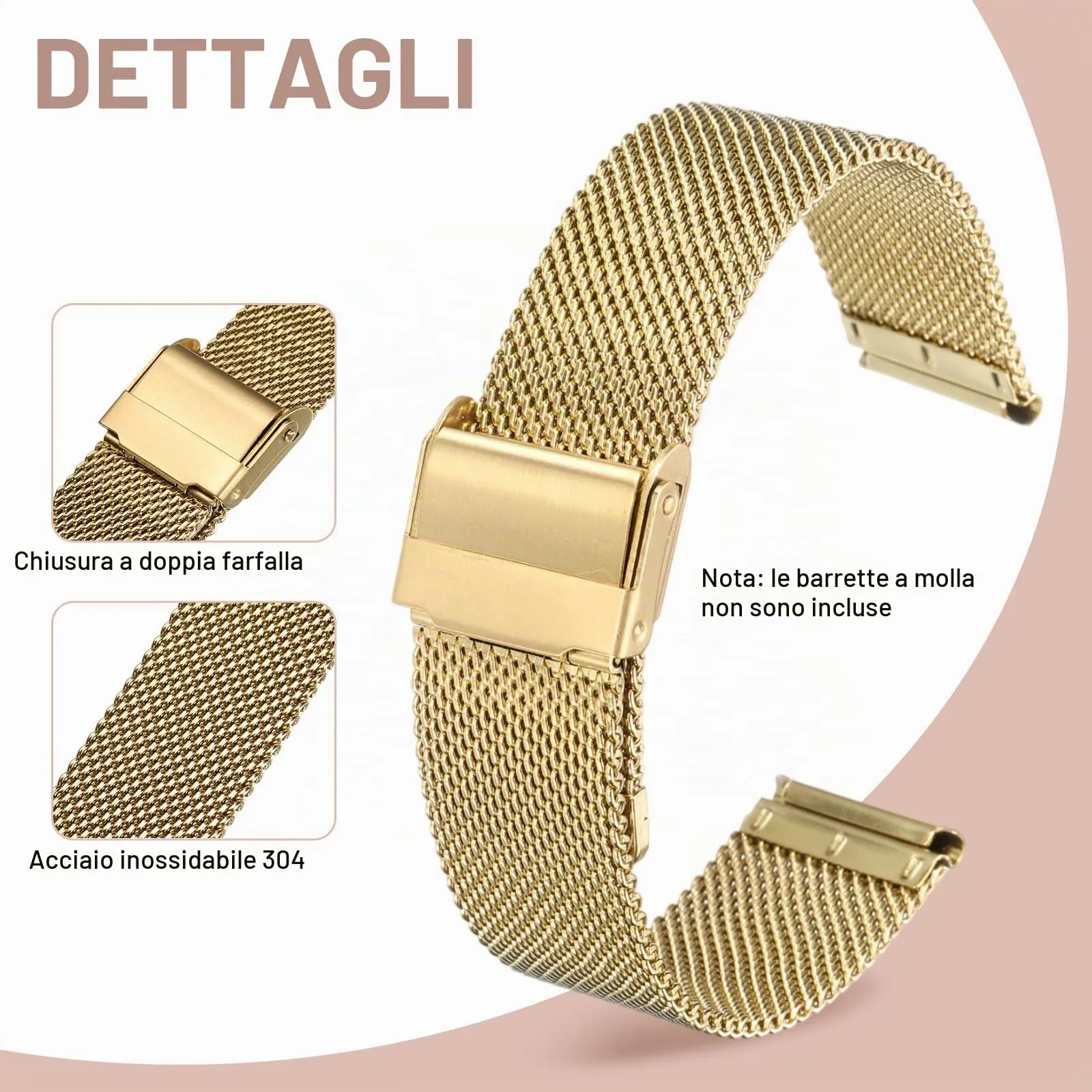 QUARKZMAN Cinturino Orologio in Maglia Acciaio Inossidabile 18mm Cinturini Orologio in Metallo Sgancio Rapido Regolabile Sostitutivo Smartwatch Uomo Donna, Oro - immagine 3