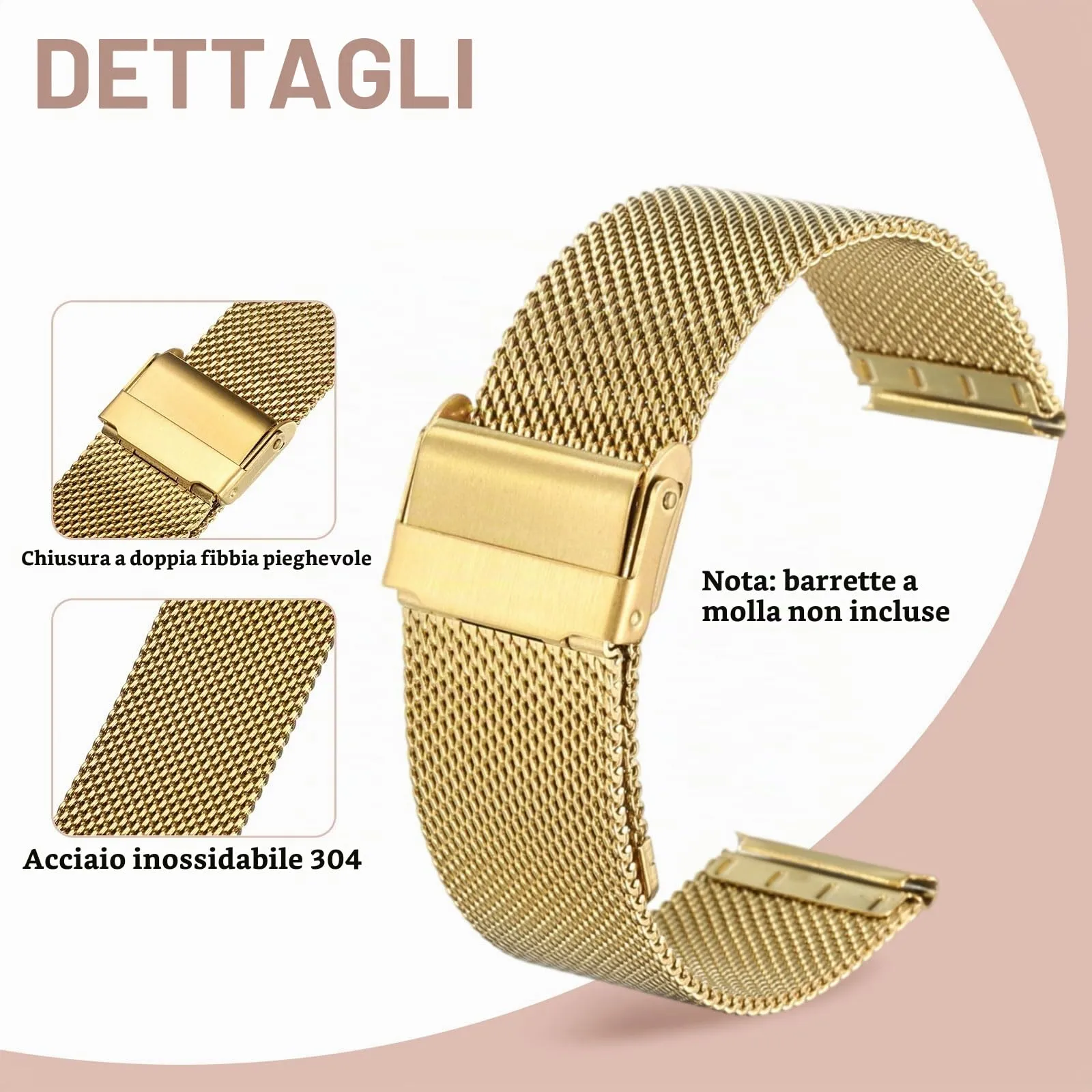 QUARKZMAN Cinturino Orologio in Maglia Acciaio Inossidabile 20mm Cinturini Orologio in Metallo Sgancio Rapido Regolabile Sostitutivo Smartwatch Uomo Donna, Oro - immagine 3