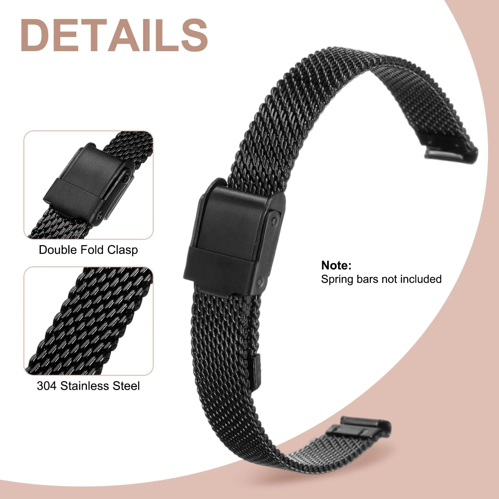 QUARKZMAN Cinturino Orologio in Maglia Acciaio Inossidabile 10mm Cinturini Orologio in Metallo Sgancio Rapido Regolabile Sostitutivo Smartwatch Uomo Donna, Nero - immagine 3
