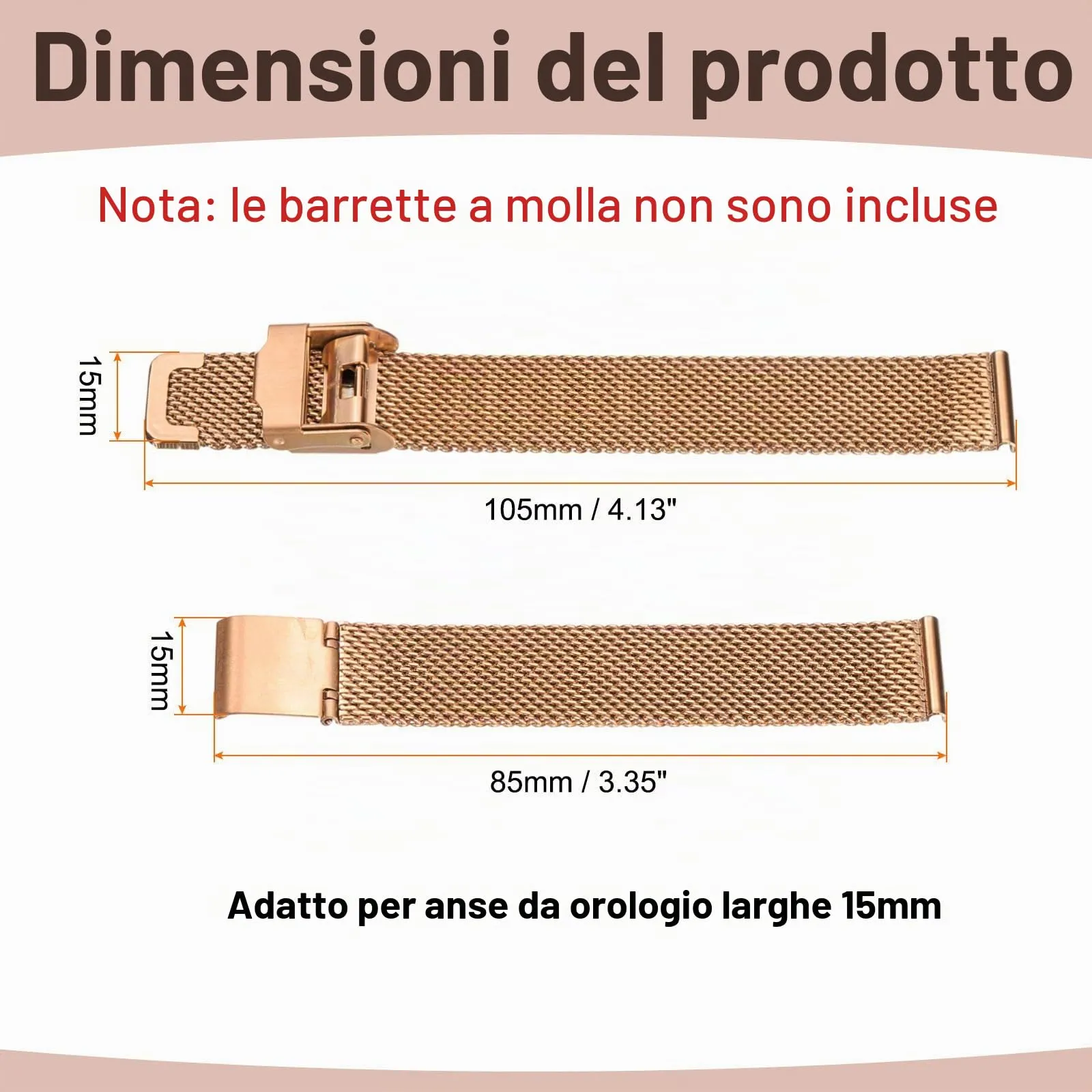 QUARKZMAN Cinturino Orologio in Maglia Acciaio Inossidabile 15mm Cinturini Orologio in Metallo Sgancio Rapido Regolabile Sostitutivo Smartwatch Per Donna, Oro Rosa - immagine 2