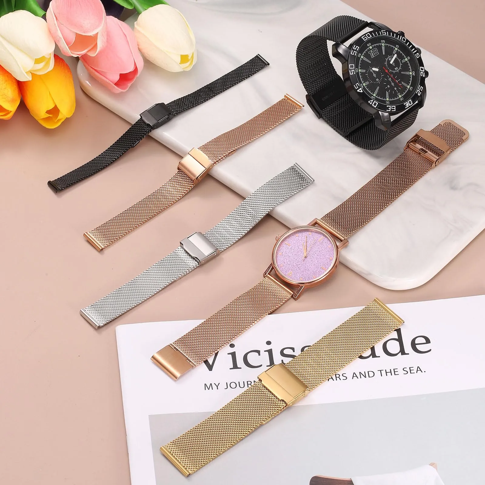 QUARKZMAN Cinturino Orologio in Maglia Acciaio Inossidabile 10mm Cinturini Orologio in Metallo Sgancio Rapido Regolabile Sostitutivo Smartwatch Uomo Donna, Argento - immagine 6