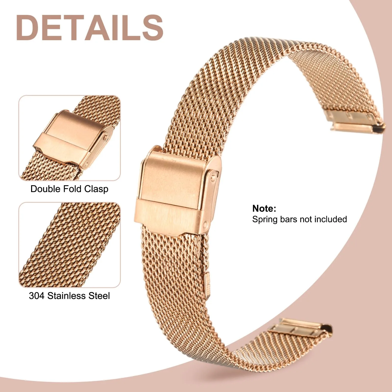 QUARKZMAN Cinturino Orologio in Maglia Acciaio Inossidabile 14mm Cinturini Orologio in Metallo Sgancio Rapido Regolabile Sostitutivo Smartwatch Per Donna, Oro Rosa - immagine 3