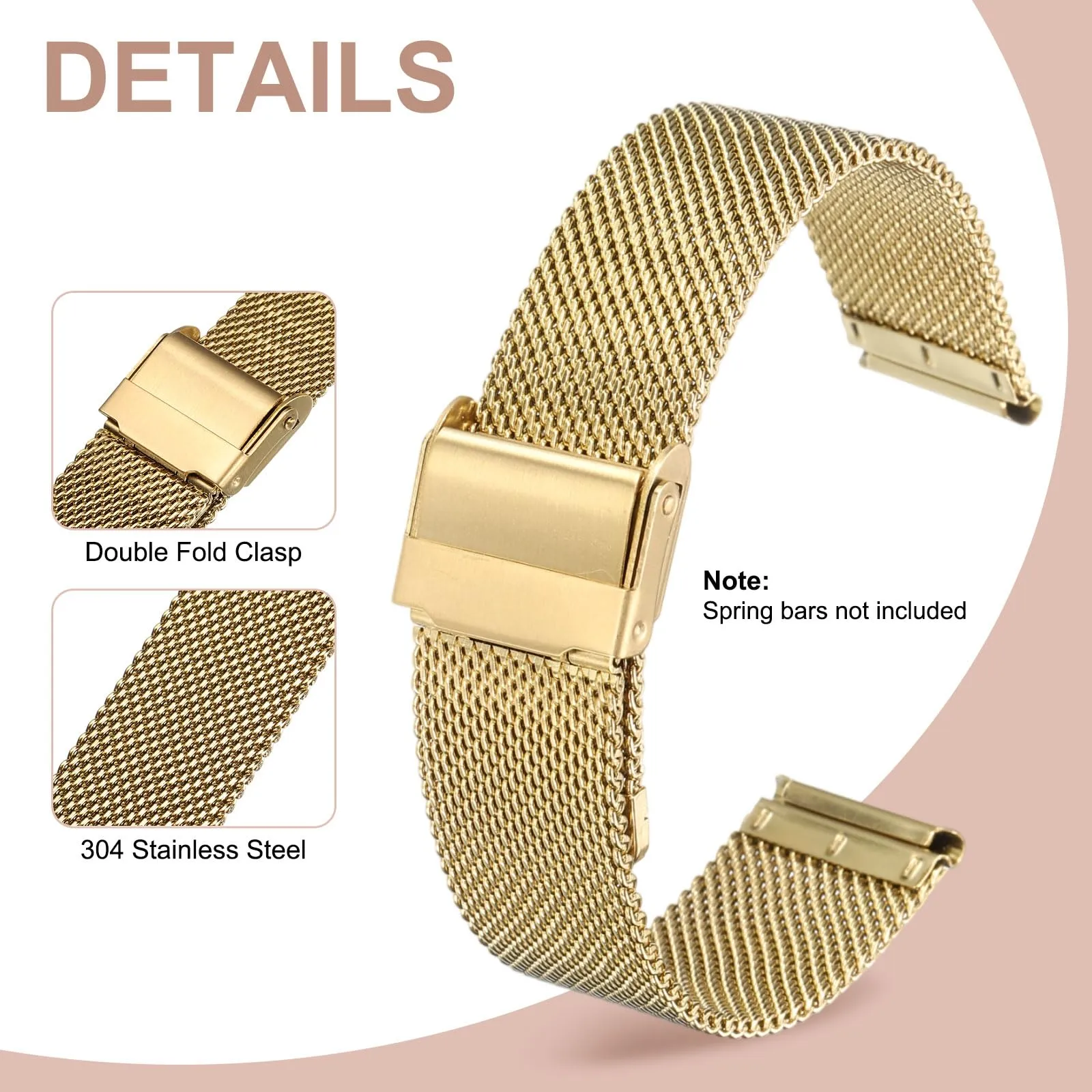 QUARKZMAN Cinturino Orologio in Maglia Acciaio Inossidabile 19mm Cinturini Orologio in Metallo Sgancio Rapido Regolabile Sostitutivo Smartwatch Uomo Donna, Oro - immagine 3