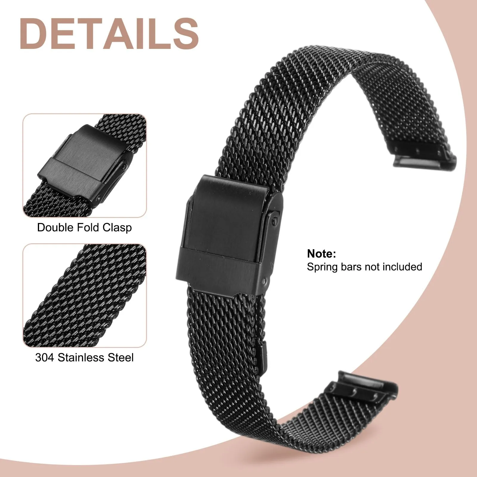 QUARKZMAN Cinturino Orologio in Maglia Acciaio Inossidabile 13mm Cinturini Orologio in Metallo Sgancio Rapido Regolabile Sostitutivo Smartwatch Uomo Donna, Nero - immagine 3